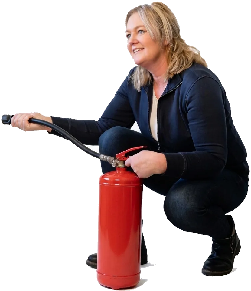 Kim Hertogh, trainer en oprichter van LevelUp BHV, met brandblusser